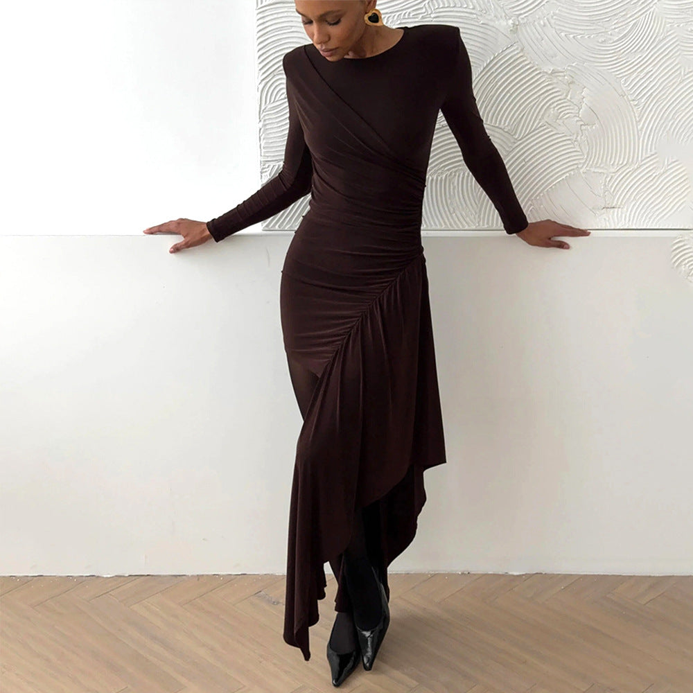 Women Dress Sexy round Neck Long Sleeved Pleated Ribbon Slim Fit Sheath Dress