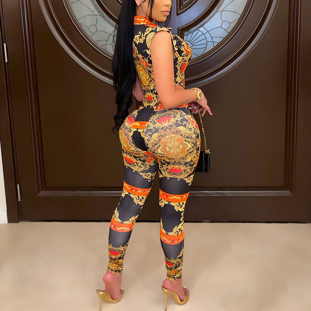 Women Clothing Sexy V neck Tight Digital Positioning Printed Two Piece Suit Women