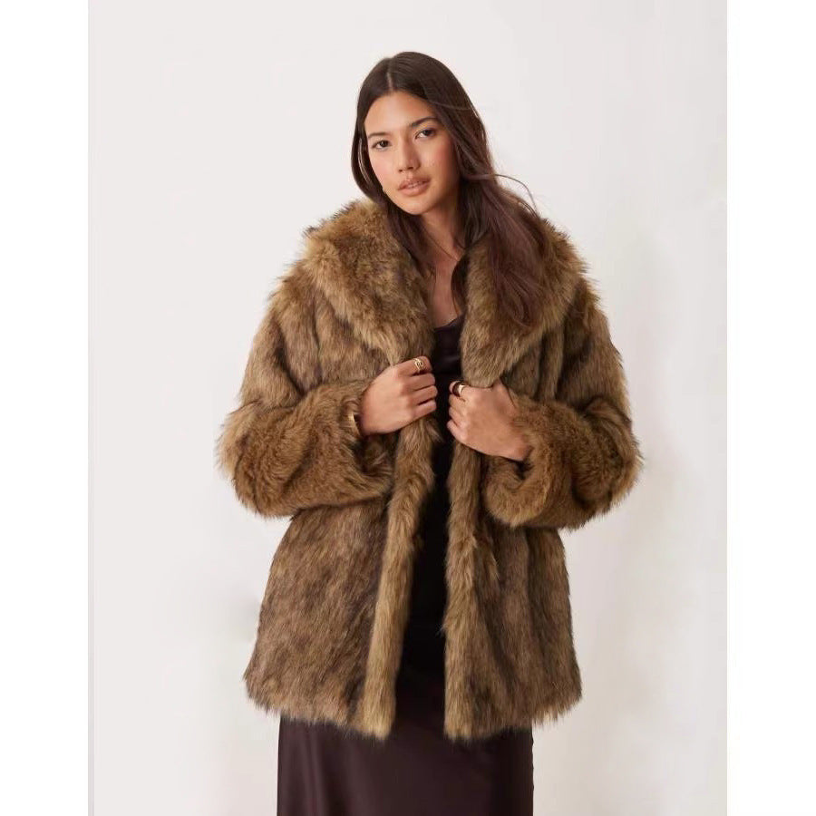 Women Fur Coat Imitation Raccoon Fur Mid Length Coat Faux Fur Long Sleeve Winter Warm Tops