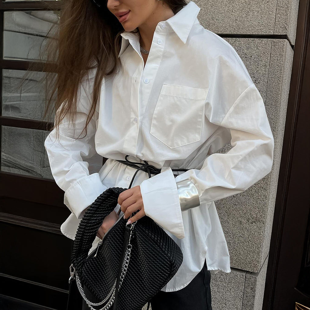 Spring Summer Casual Office Solid Color Cardigan White Shirt Top Women