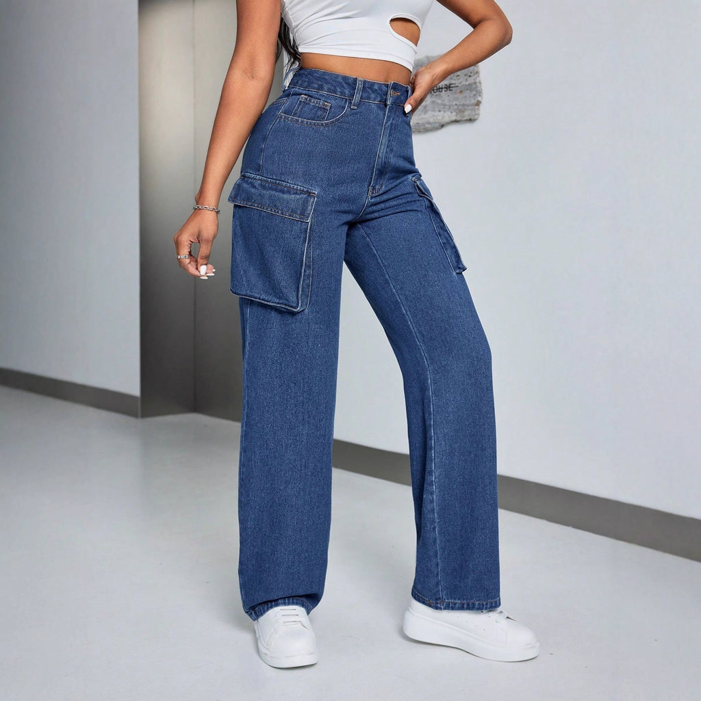 Large Pocket Loose Casual Women Clothing Straight-Leg Denim Trousers