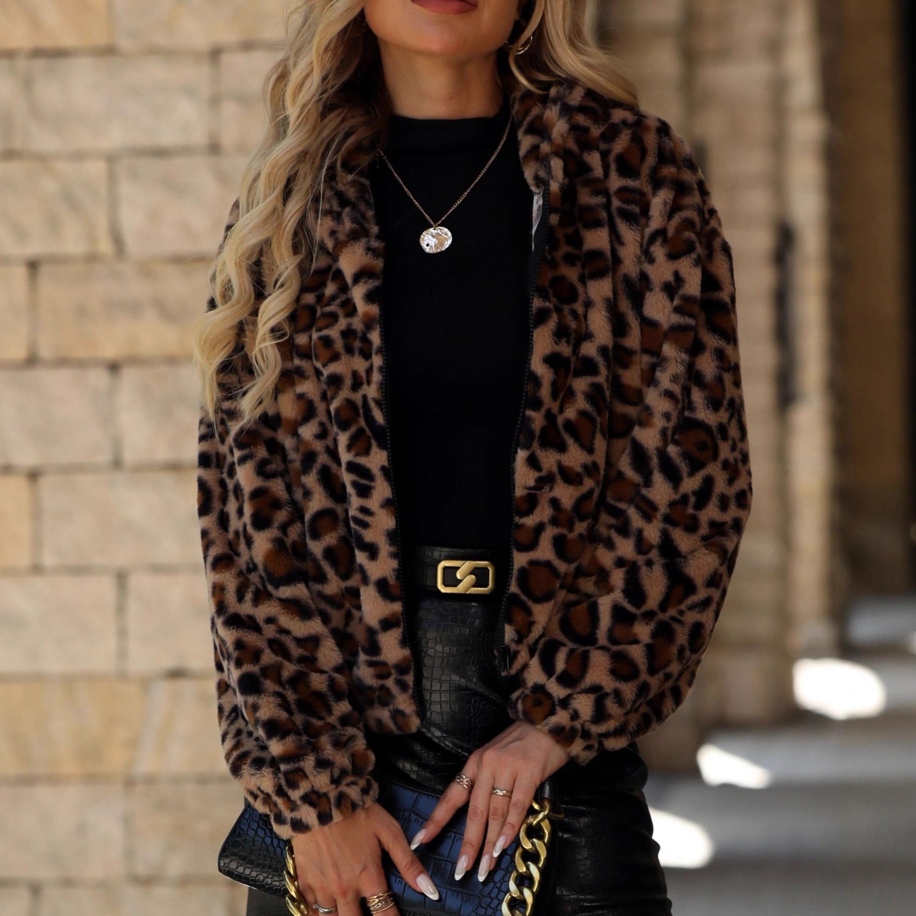 Flash Velvet Women Clothing Autumn Winter Loose Zip Long Sleeve Leopard Plush Coat
