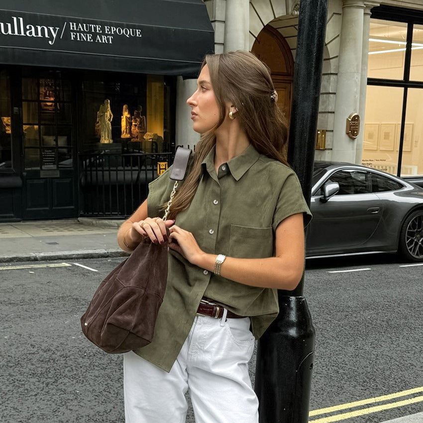 Spring Summer Casual Lazy Green Short Sleeve Retro Elegant Pocket Shirt Street Loose Shirt