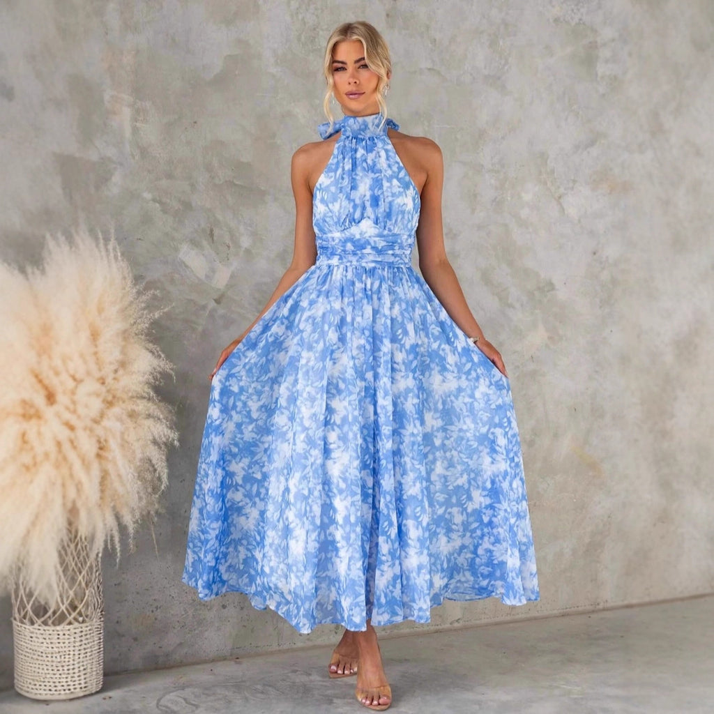 Women Clothing Vacation Sleeveless Printed Backless Halter Long Dress