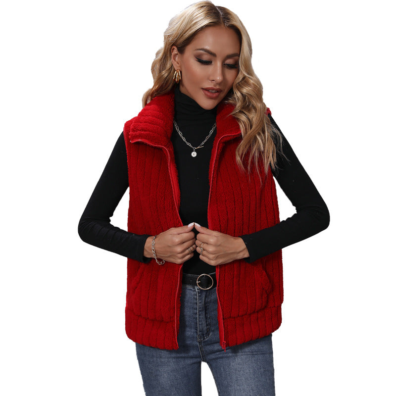 Fall Women Collared Sleeveless Loose Striped Zipper Plush Casual Jacket