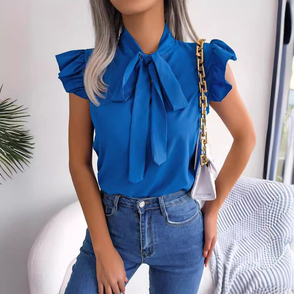 Summer Women Solid Color Stringy Selvedge Lace up Bow Shirt Top