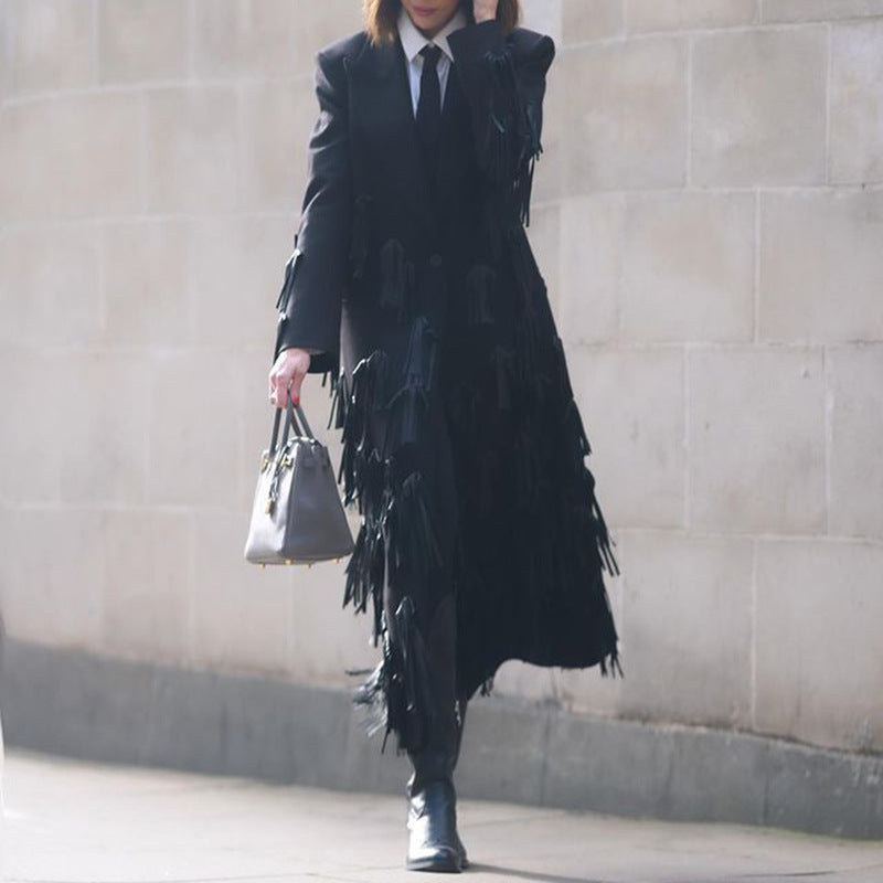 Personalized Faux Leather Tassel Embellished Mid Length Coat Windbreaker Woolen Coat