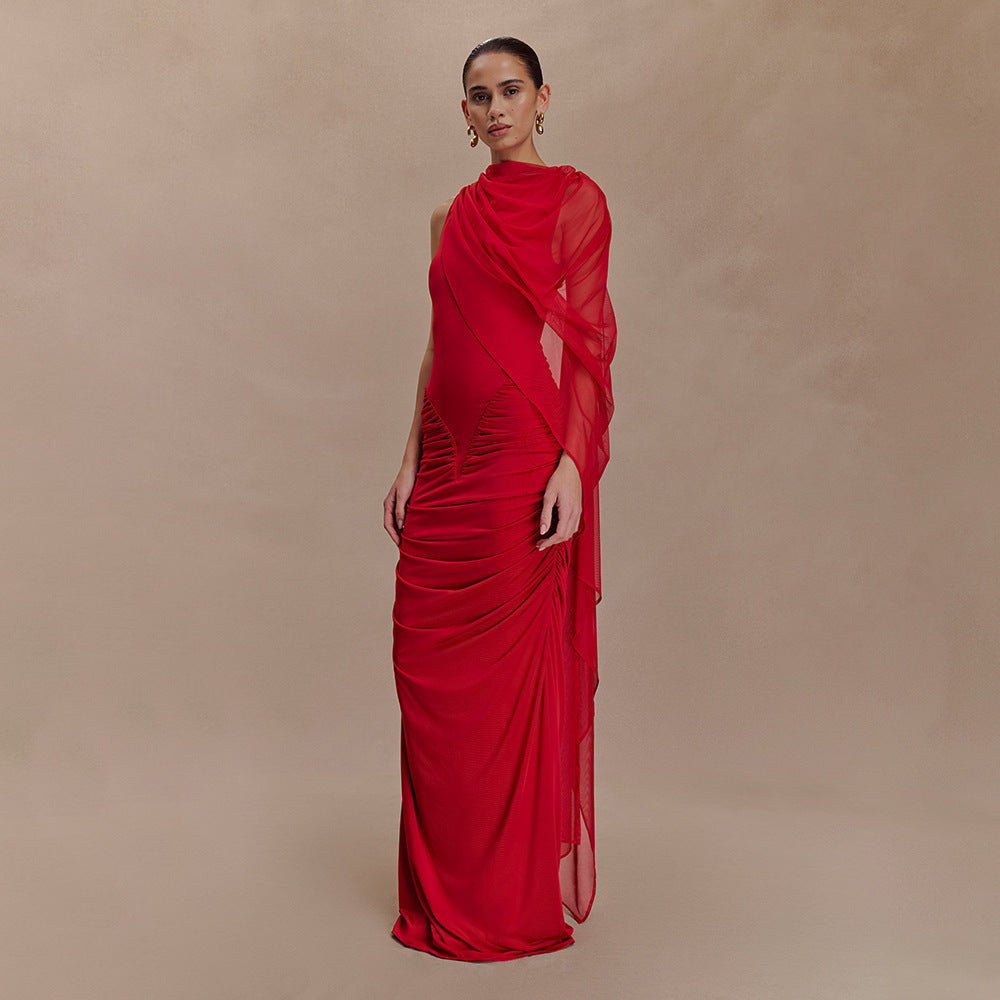 Fashionable Pleated Mesh Shawl Dress Sexy Sheath round Neck Slim Dress