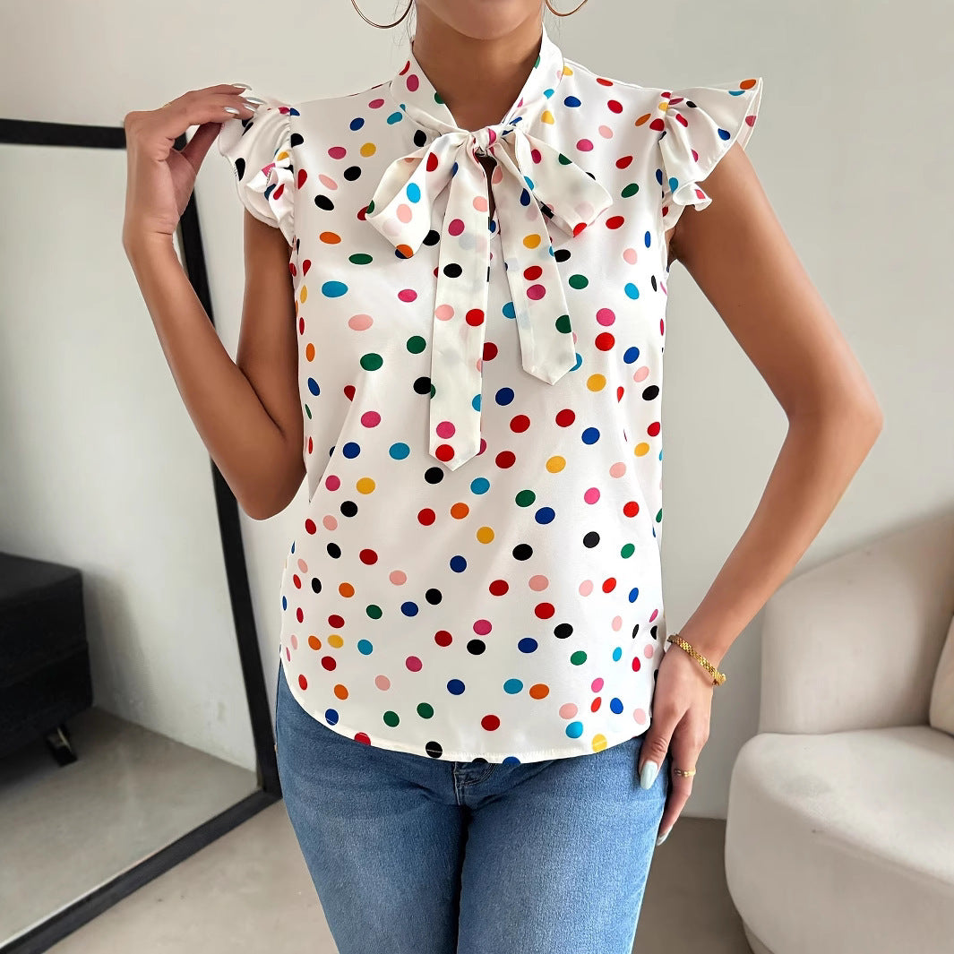 Printing Lace up Ruffle Sleeve Summer Top Women