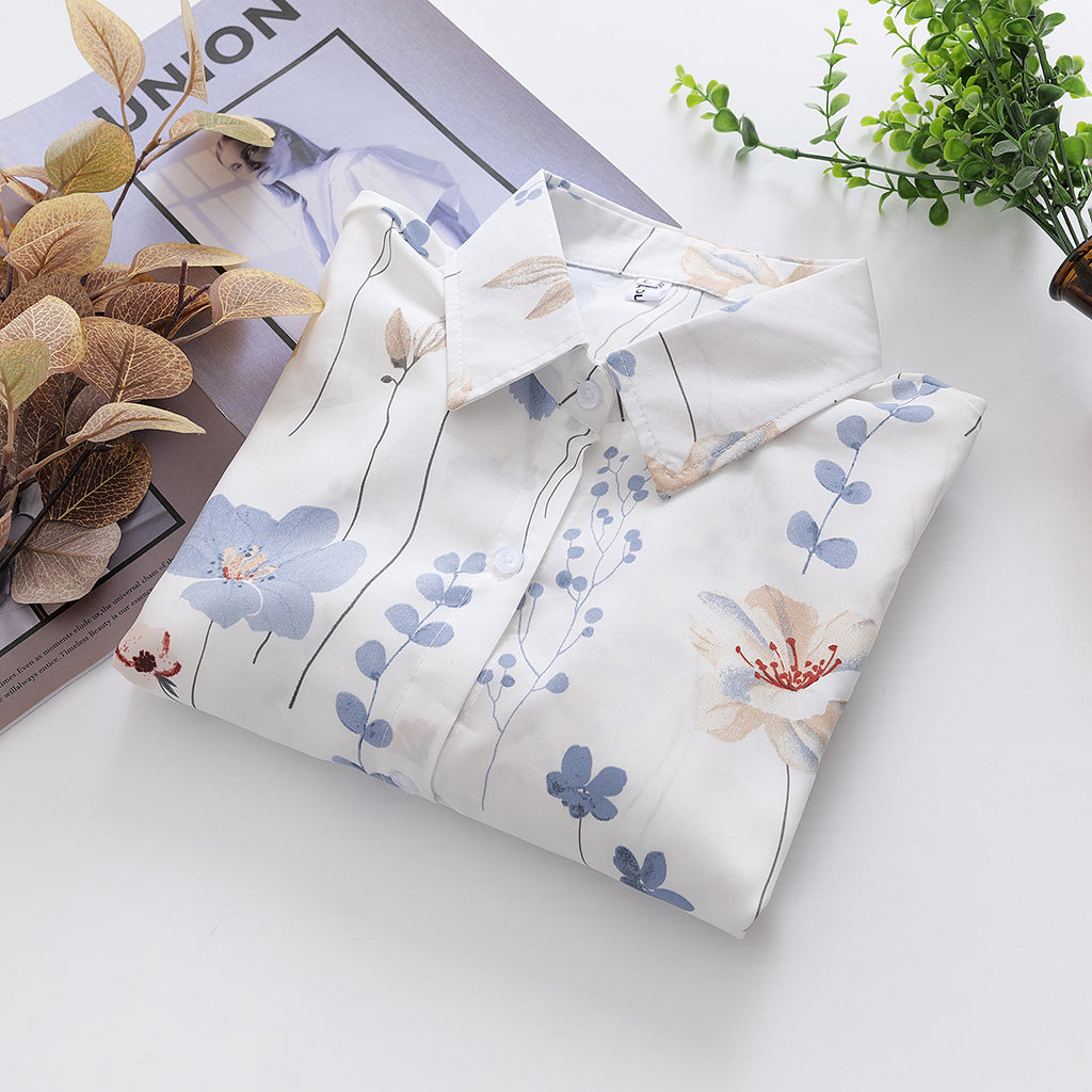 Women Floral Print Loose Collared Long Sleeves Shirt Top
