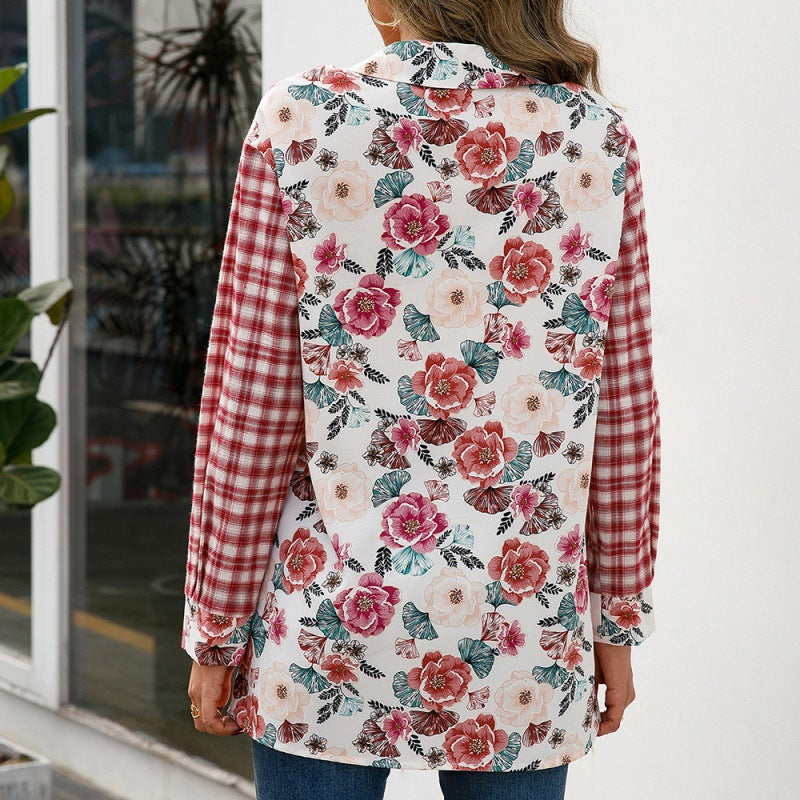 Printed Plaid Stitching Shirt Casual Loose Single Breasted Estampado Floral Shirt Top Women