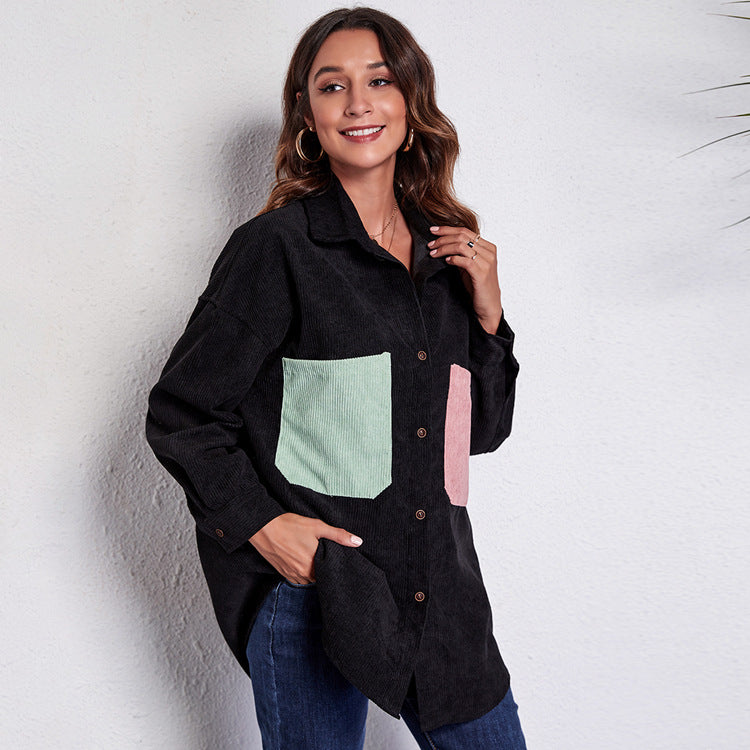 Loose Corduroy Shirt Mid-Length Patchwork Pocket Drop-Shoulder Long-Sleeve Thin New