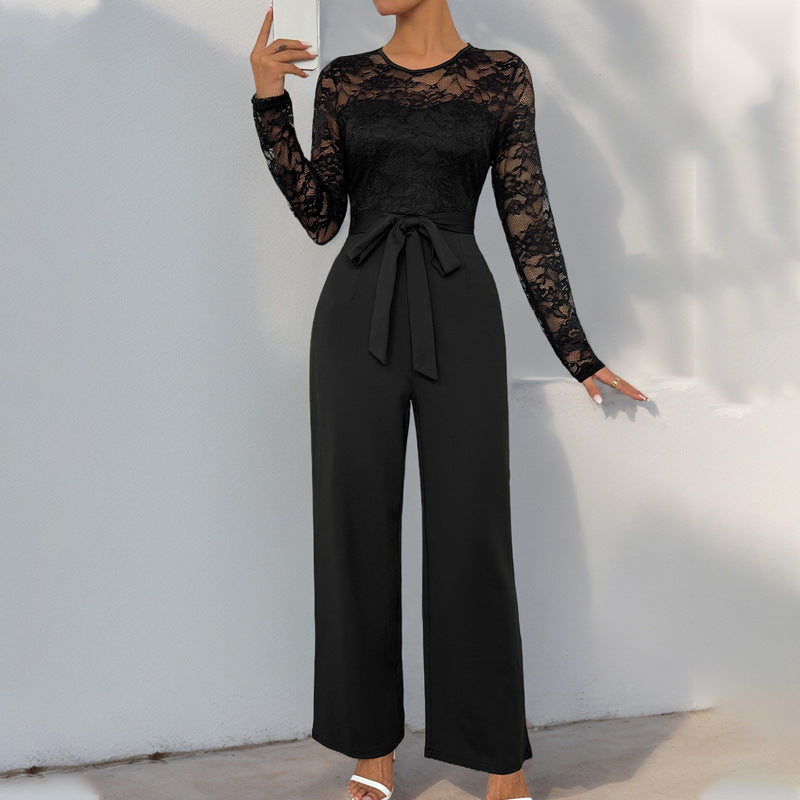 Autumn Jumpsuit Lace Stitching Zipper Lace Up Solid Color Jumpsuit