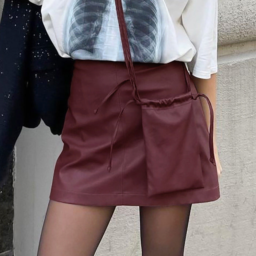 Retro Classic Wine Red Fleece lined Matte Leather Special High Waist Niche Skirt Fall Winter Skirt