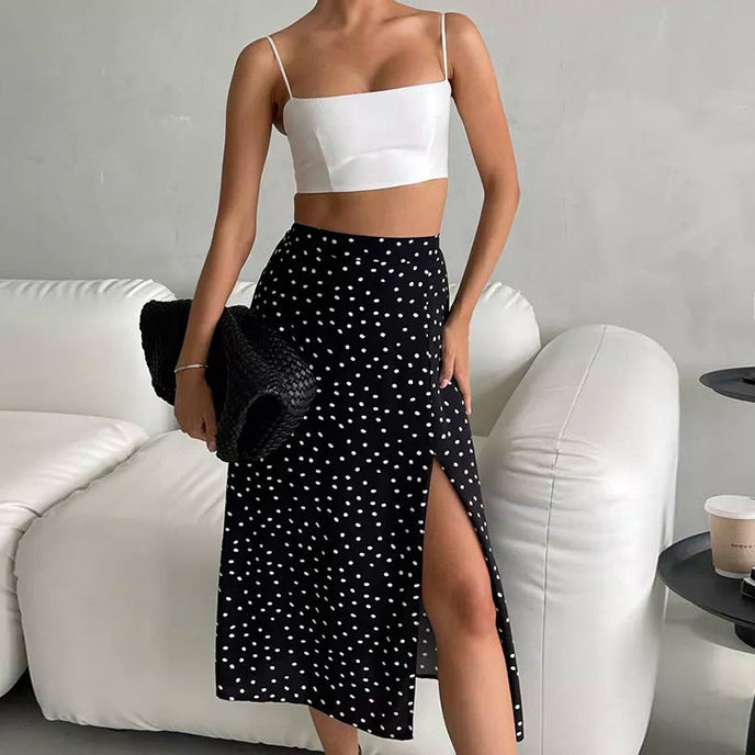 French Autumn Winter Dot Sexy Split Skirt Women Midi Skirt
