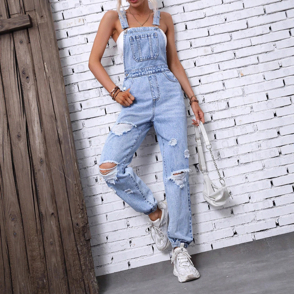 Women Clothing Shoulder Strap Hole Denim Suspenders Pants