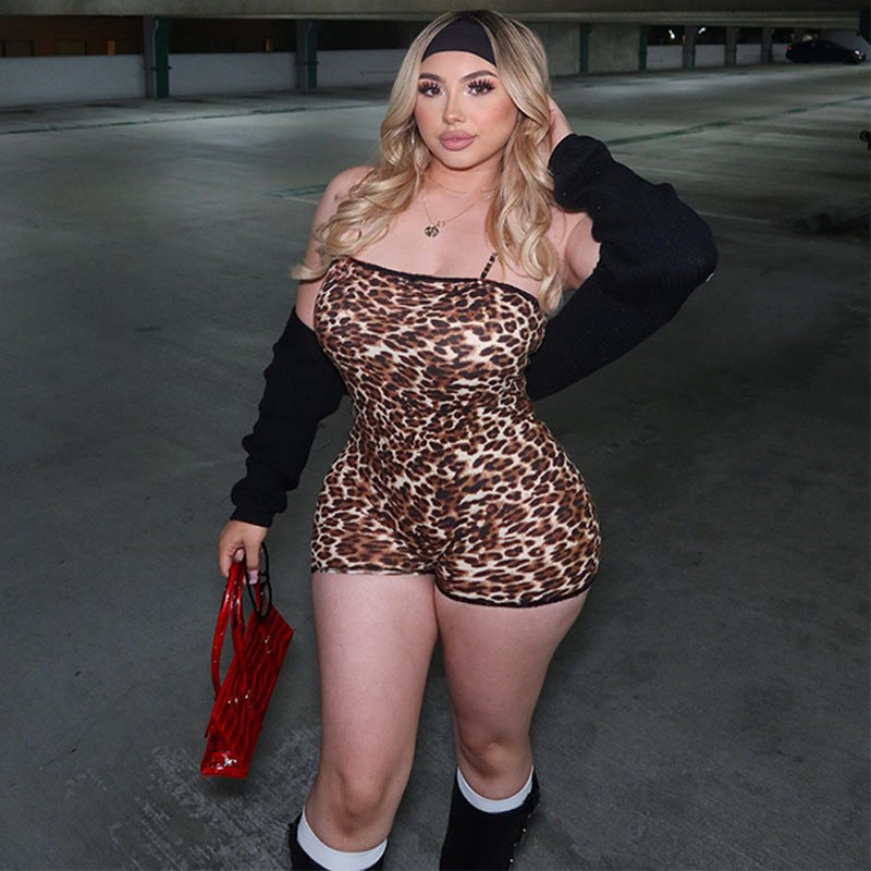 Women Clothing Summer Leopard Print Printed Sexy Sling Slim Sheath Jumpsuit