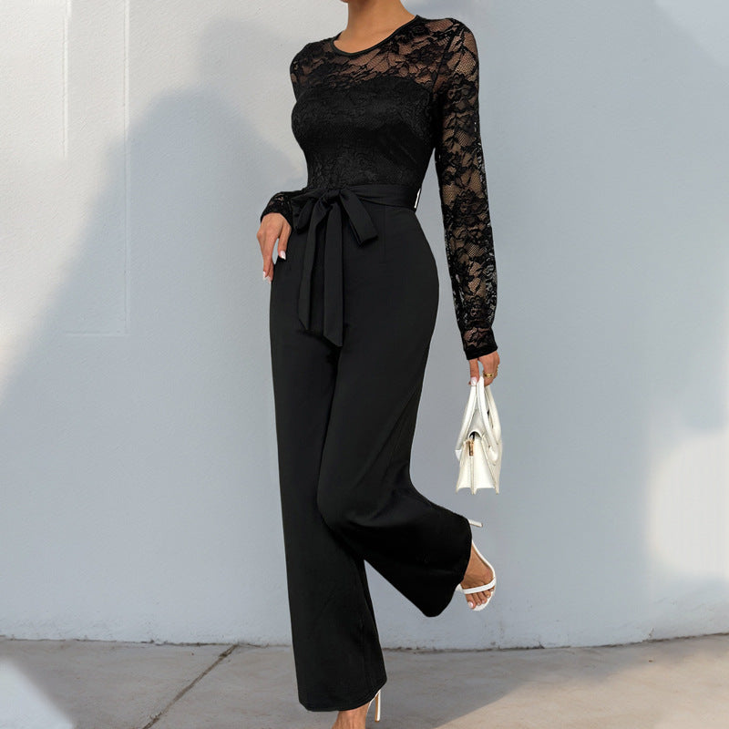 Autumn Jumpsuit Lace Stitching Zipper Lace Up Solid Color Jumpsuit