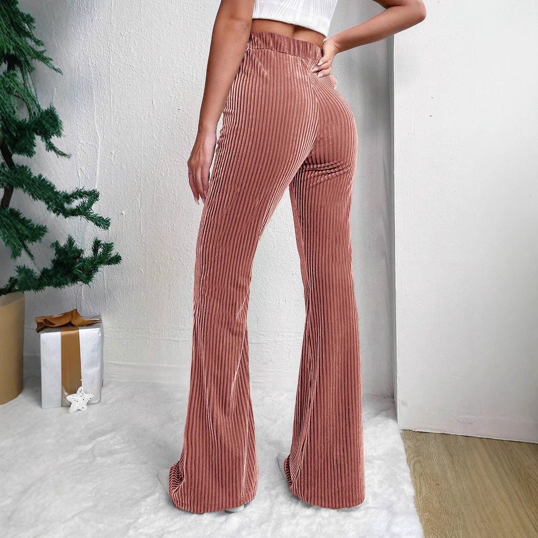 Autumn Winter High Waist Lamp Wick Corduroy Bell Bottom Pants Solid Color Casual Wide Leg Long Sports Pants Women