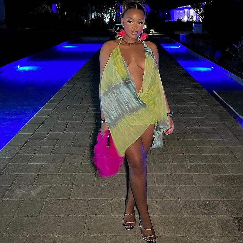 Summer Sexy Deep V Plunge V neck Backless Bandage Sleeveless Printed Cool Top