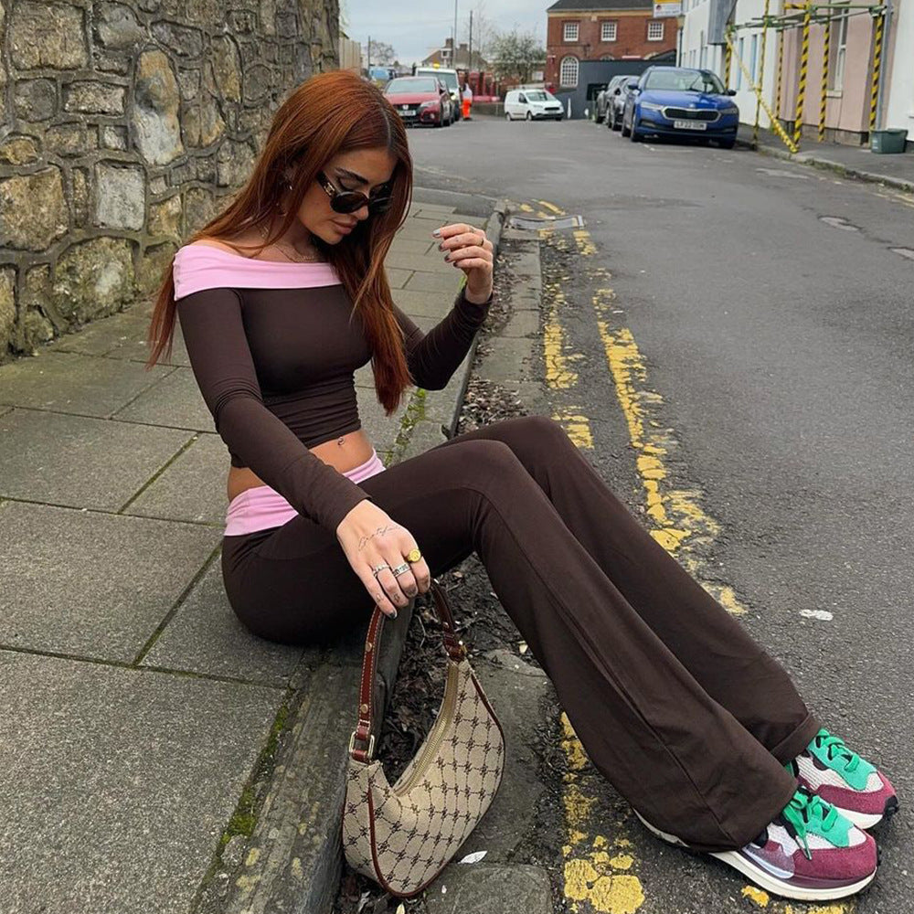 Sexy Slim Fit Assorted Colors off Shoulder Long Sleeve Slim Fit Bell Bottom Pants Two Piece Set for Women