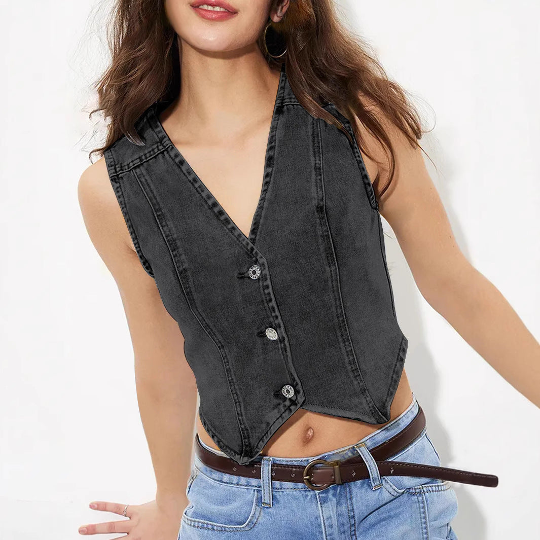 Women Clothing V neck Denim Vest Top