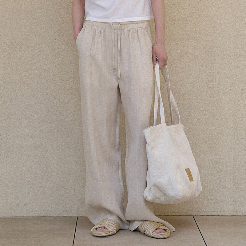 Pure Linen Office Casual Pants Spring Summer Solid Color Minimal Women Double Side Pocket Long Straight Leg Pants