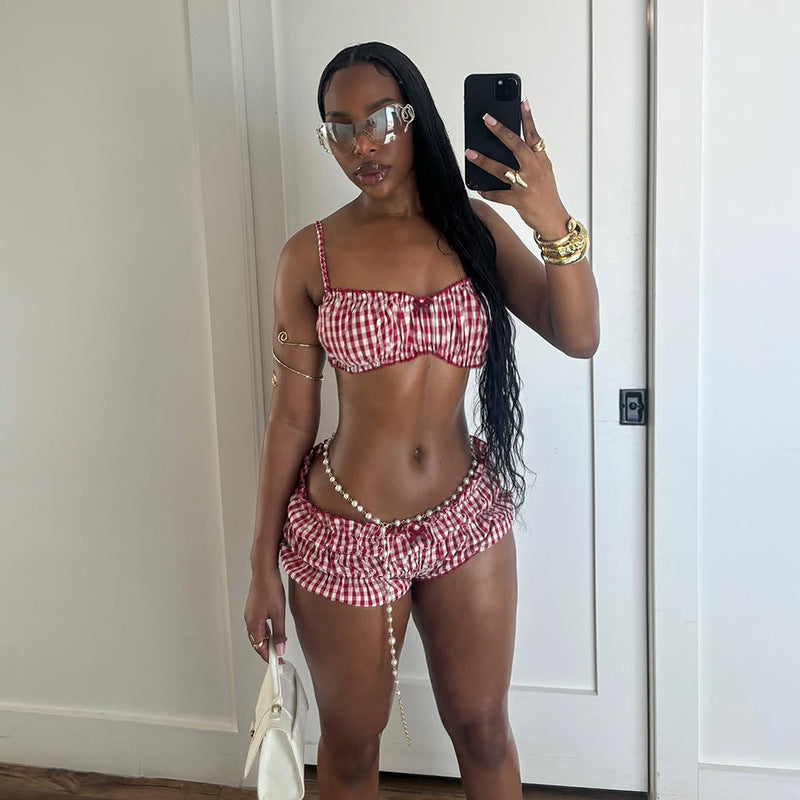 Summer Vacation Women Plaid Suspender Top Shorts Sexy Swimsuit Two Piece Sets Women