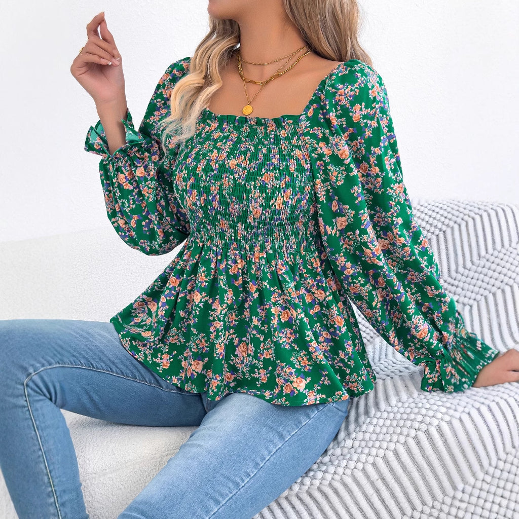 Spring Summer Casual Square Collar Bell Sleeve Floral Chiffon Shirt Holiday Top Women Clothing