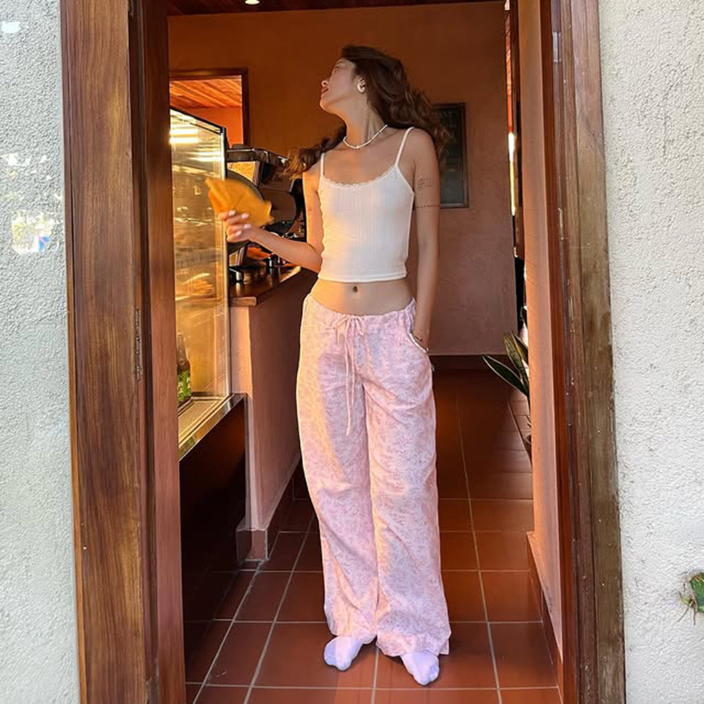 Summer Loose Home Wear Pajama Pants Cute Floral Drawstring Lace Straight Women Casual Pants