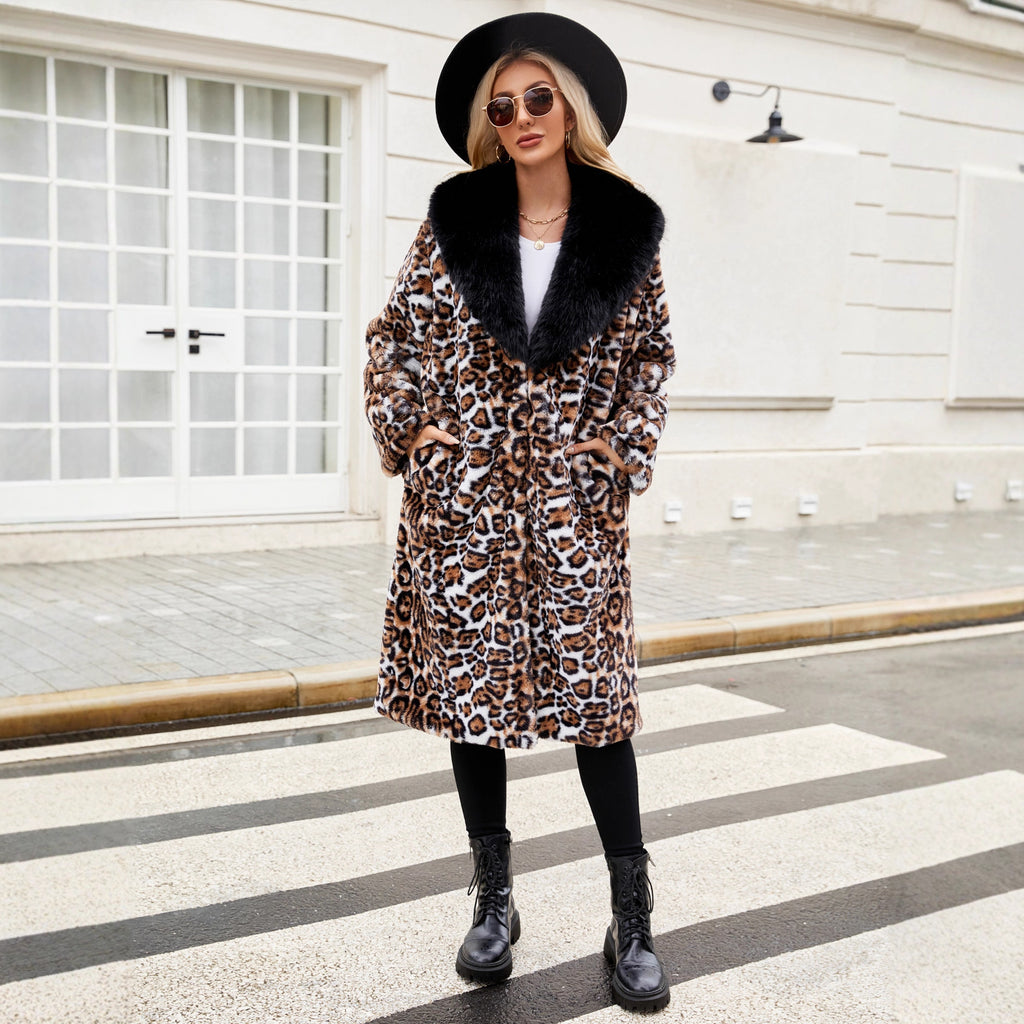 Autumn Winter Faux Fur Fur Collar Women Coat Cold Proof Plush Long Coat Trench Coat