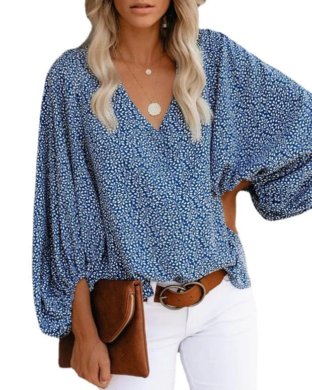 Spring Summer Women V-neck Lantern Sleeve Printed Long-Sleeved Top