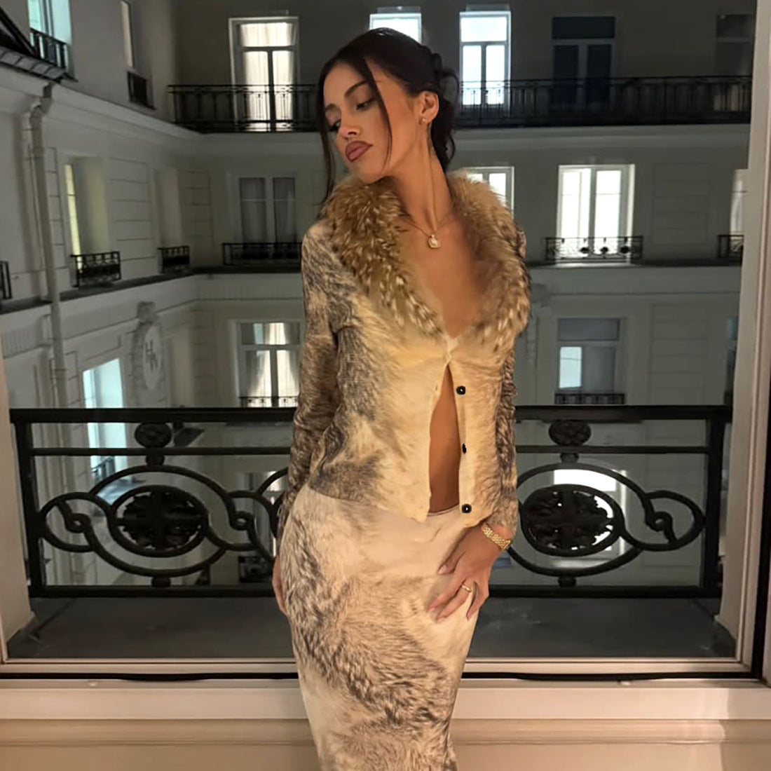 Autumn Winter Slim V neck Fur Collar Long Sleeve Cardigan High Waist Sheath Skirt Set