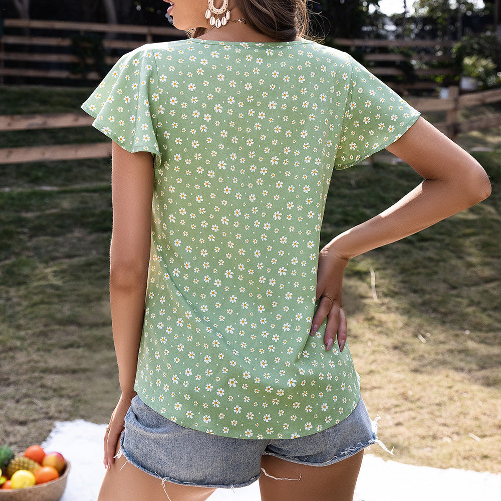 Women Clothing Summer round Neck Lace up Small Floral Lotus Leaf Sleeve Top for Women