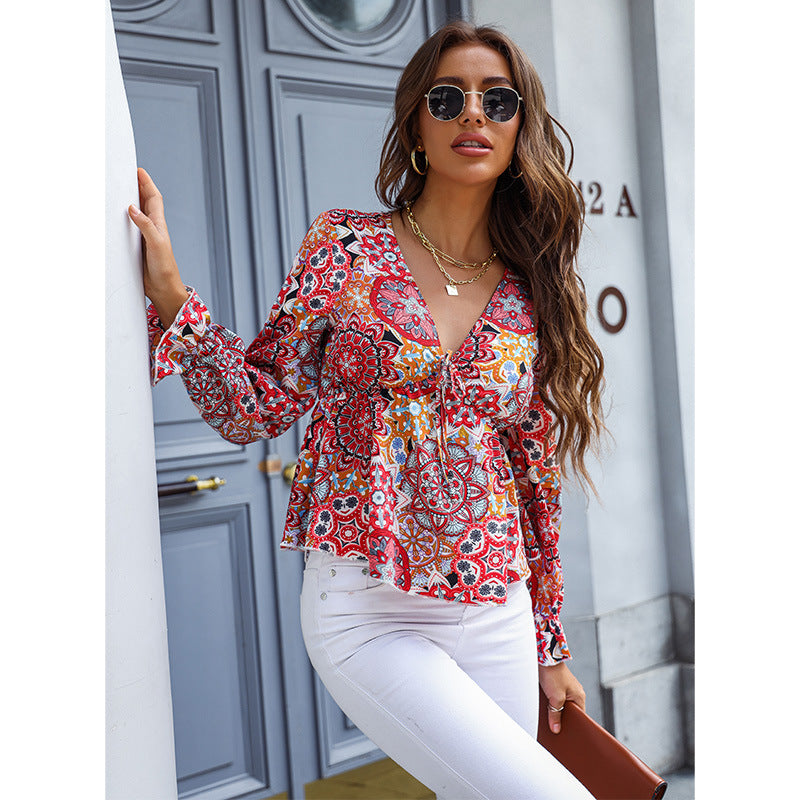 Fresh Printing V-neck Long Sleeve Babydoll Top