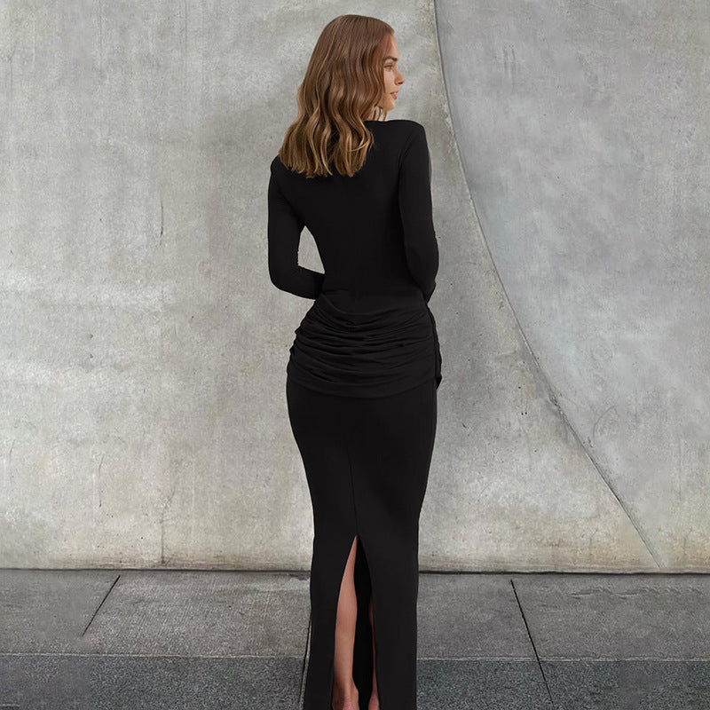 Women Clothing Autumn Winter Slim round Neck Solid Color Fold Split Long Sleeve Elegant Dress for Women