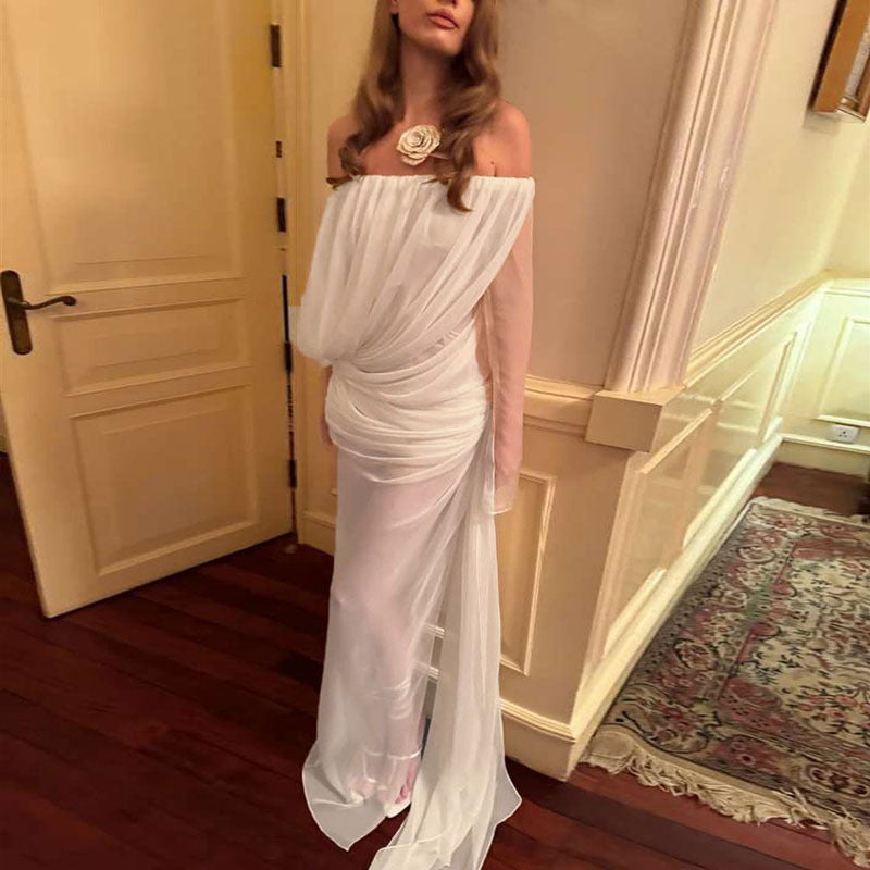 Spring Summer Women Clothing Sexy Mesh Solid Color off Shoulder Sheer Long Sleeve Dress Women