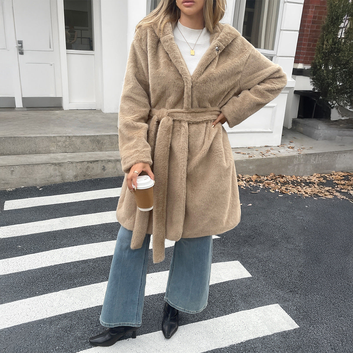 Women Clothing Autumn Winter Elegant Piece Coat Cap Long Sleeved Wind Coat