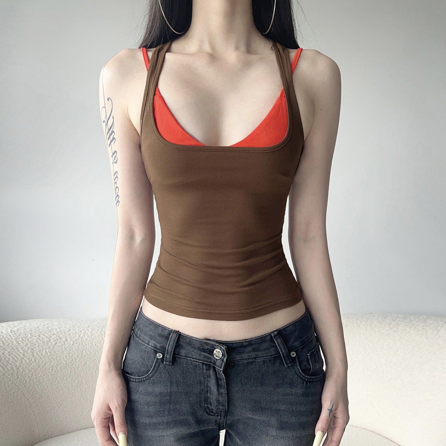 Street Casual Two Piece Set Contrast Color Bandage Dress Vest Sexy I Shaped Outer Wear Underwear Sling Top