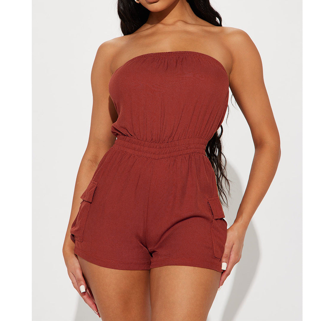 Women Clothing Sexy Comfortable Solid Color Chest Wrapped Organ Pocket Jumpsuit
