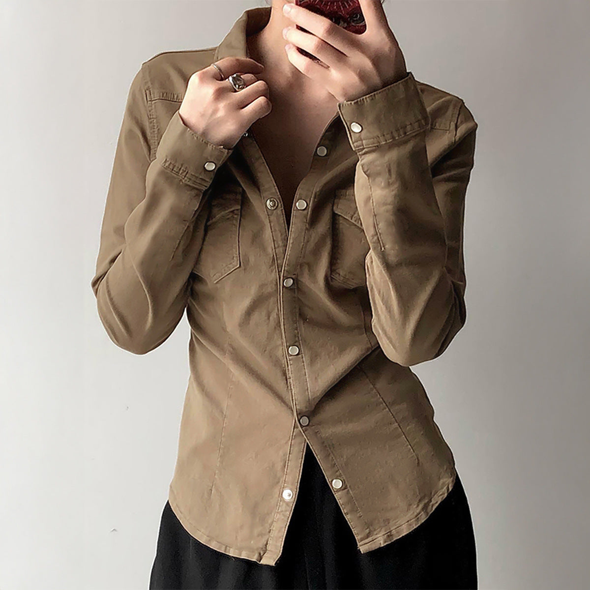 Minimalist Solid Color Long Sleeved Top Shirt Women Clothing Autumn Winter