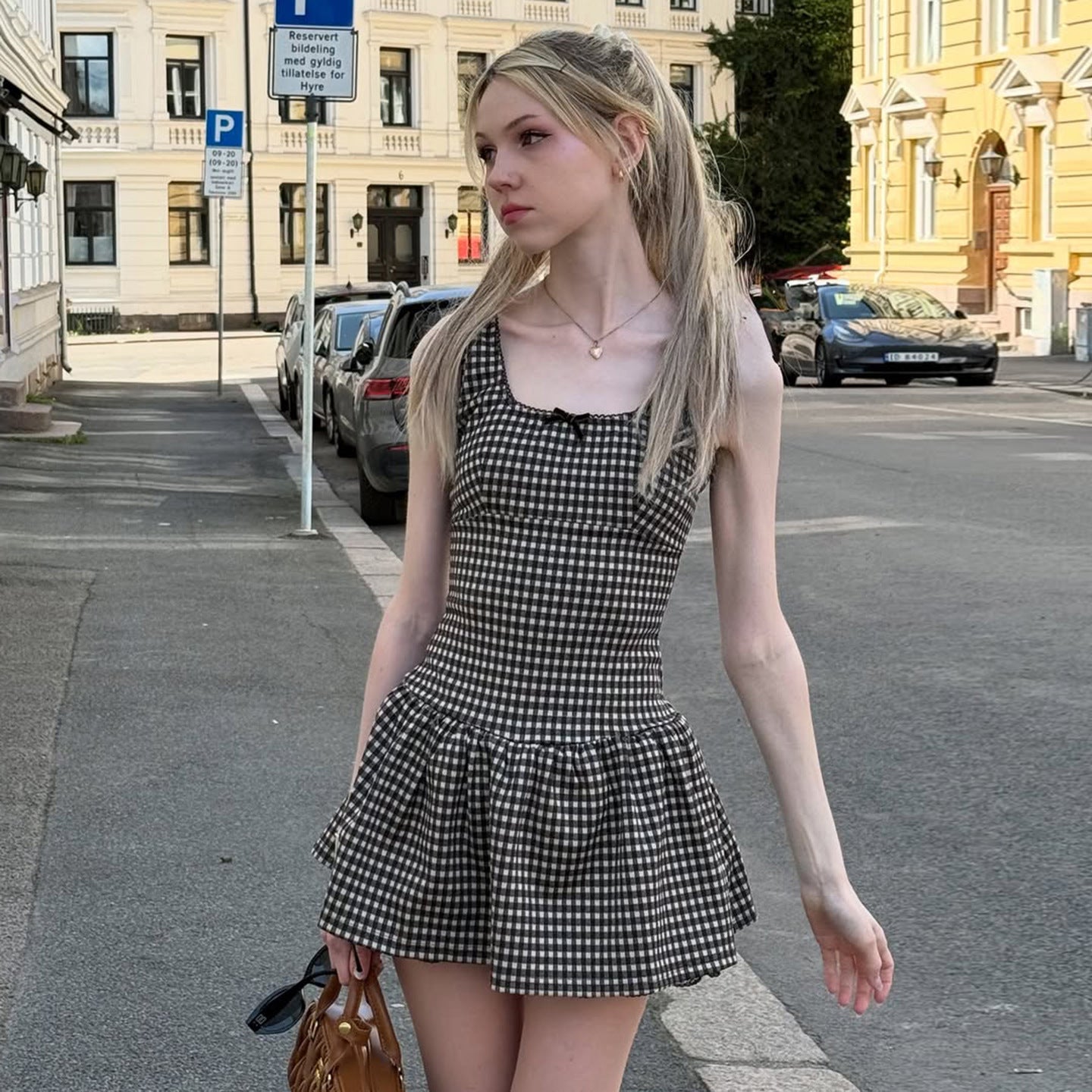 Summer Sexy Plaid Square Collar A line Dress Waist Controlled Girl Tank Top Dress