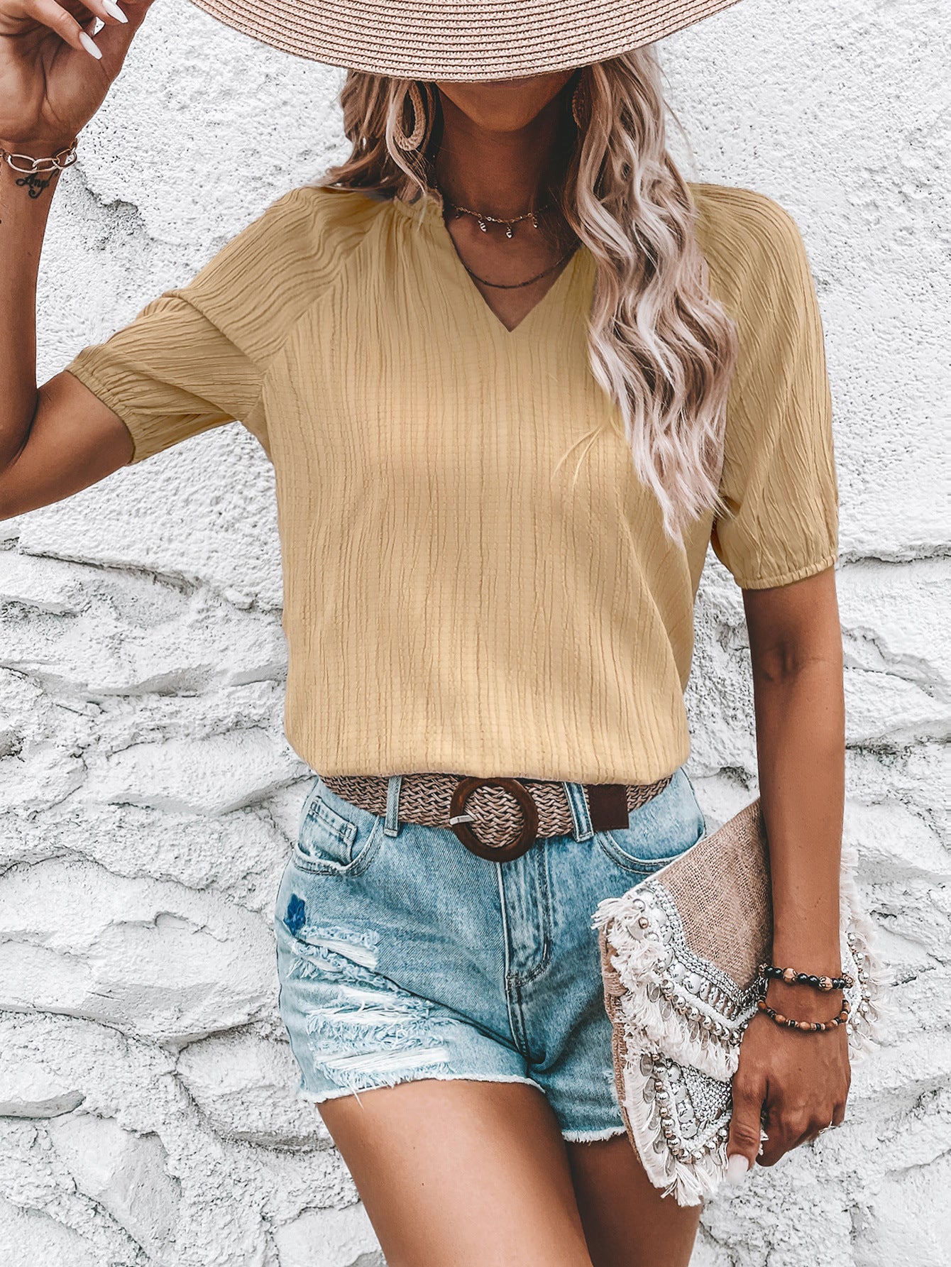 Women Clothing V neck Casual All Matching Graceful Solid Color Shirt