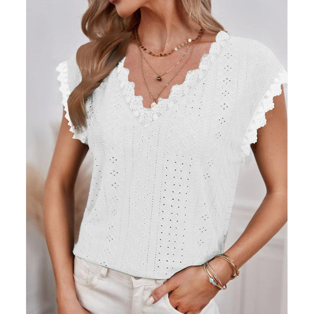 Summer Lace Edge V Neck Shirt White Hollow Out Cutout Out Design Short Sleeve Lining