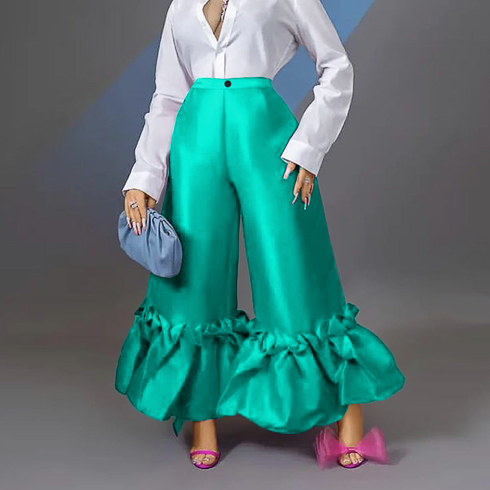 High Waist Loose Design Ruffles Wide Leg Bell Bottoms High Waist Flare Pants