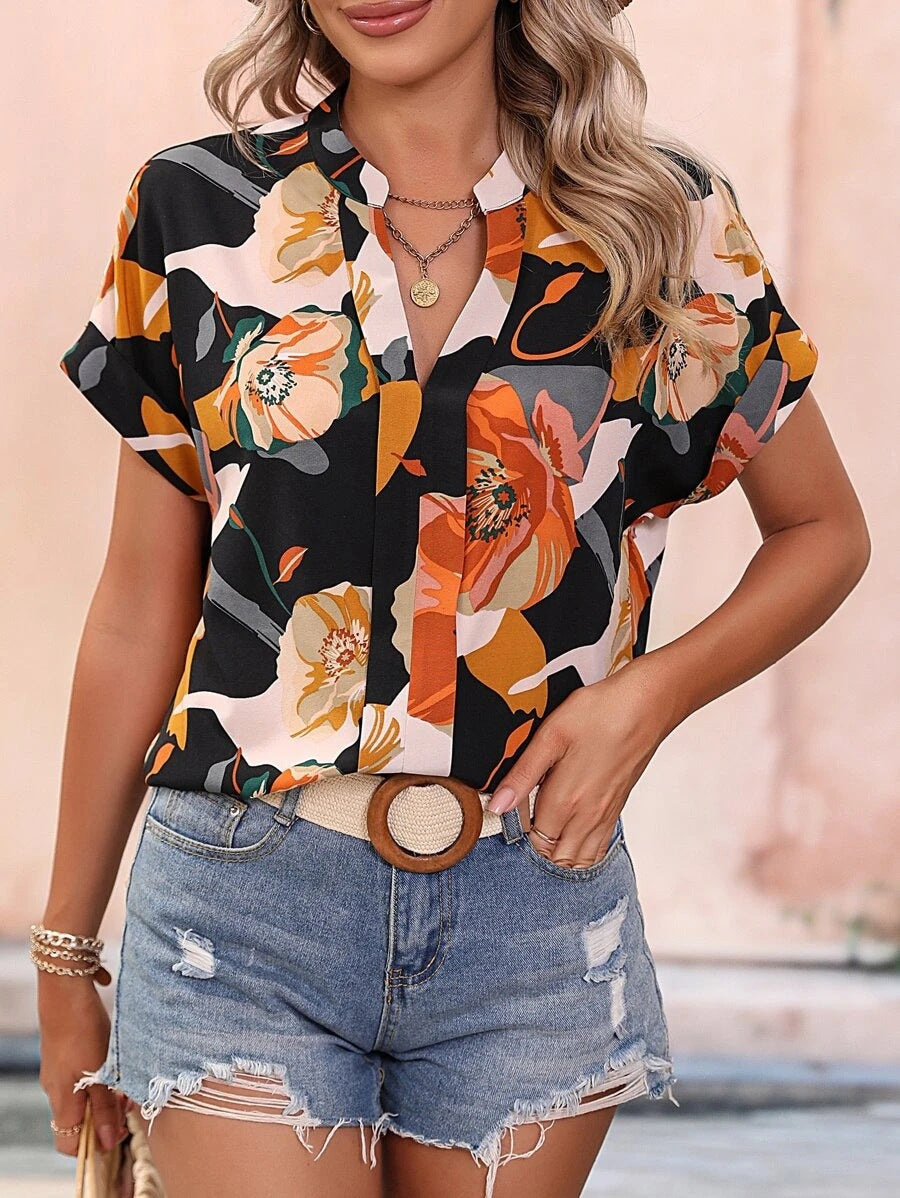 Women Clothing Summer Painted Color Printing V neck Short Sleeve Women Top