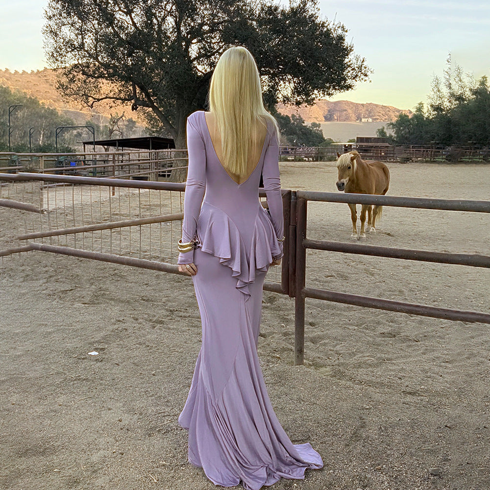 Spring Summer Sexy Backless Women Dress Elegant Ruffles Slit Slim Fitting Dress