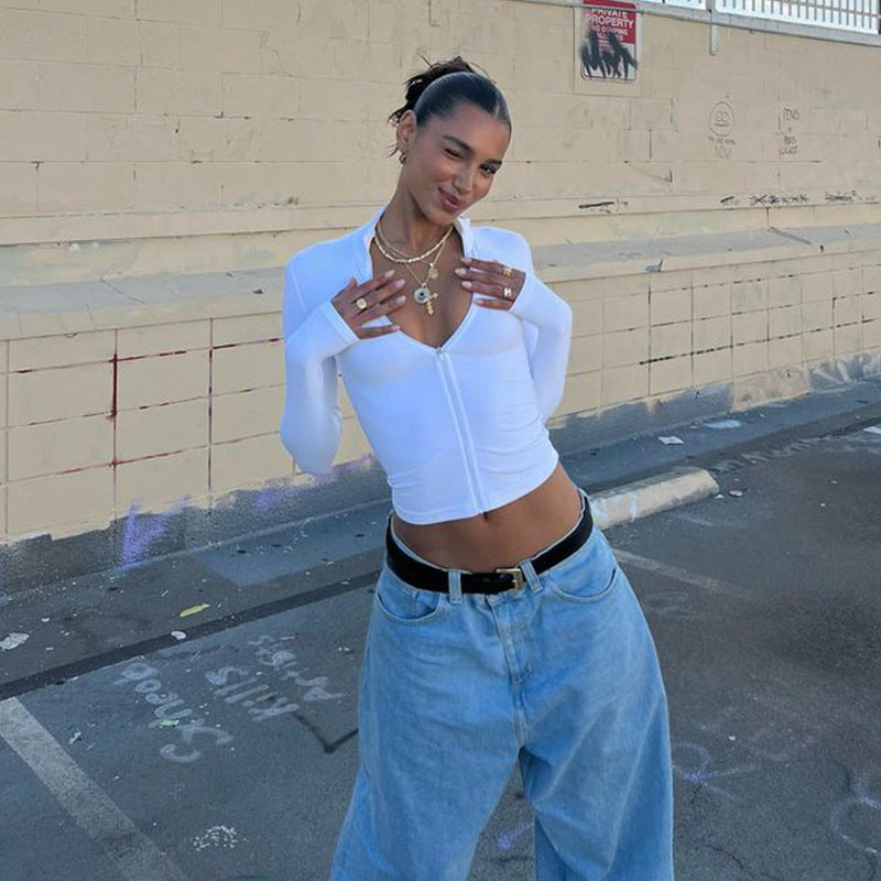 Women Long Sleeve Half Turtleneck Zipper Cardigan Short Tight Sexy Slim Top T shirt