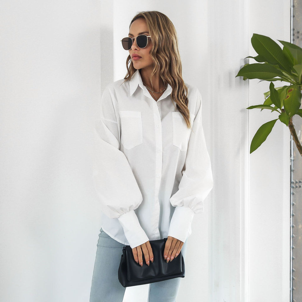 Women Cotton Lantern Sleeve Long Sleeve Mid Length Shirt Loose Shirt Top Spring Autumn Women Clothing