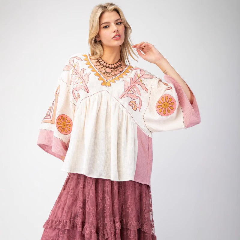 Spring Summer Women Clothing V neck Stitching Flare Sleeve T shirt Contrast Color Loose Top for Women